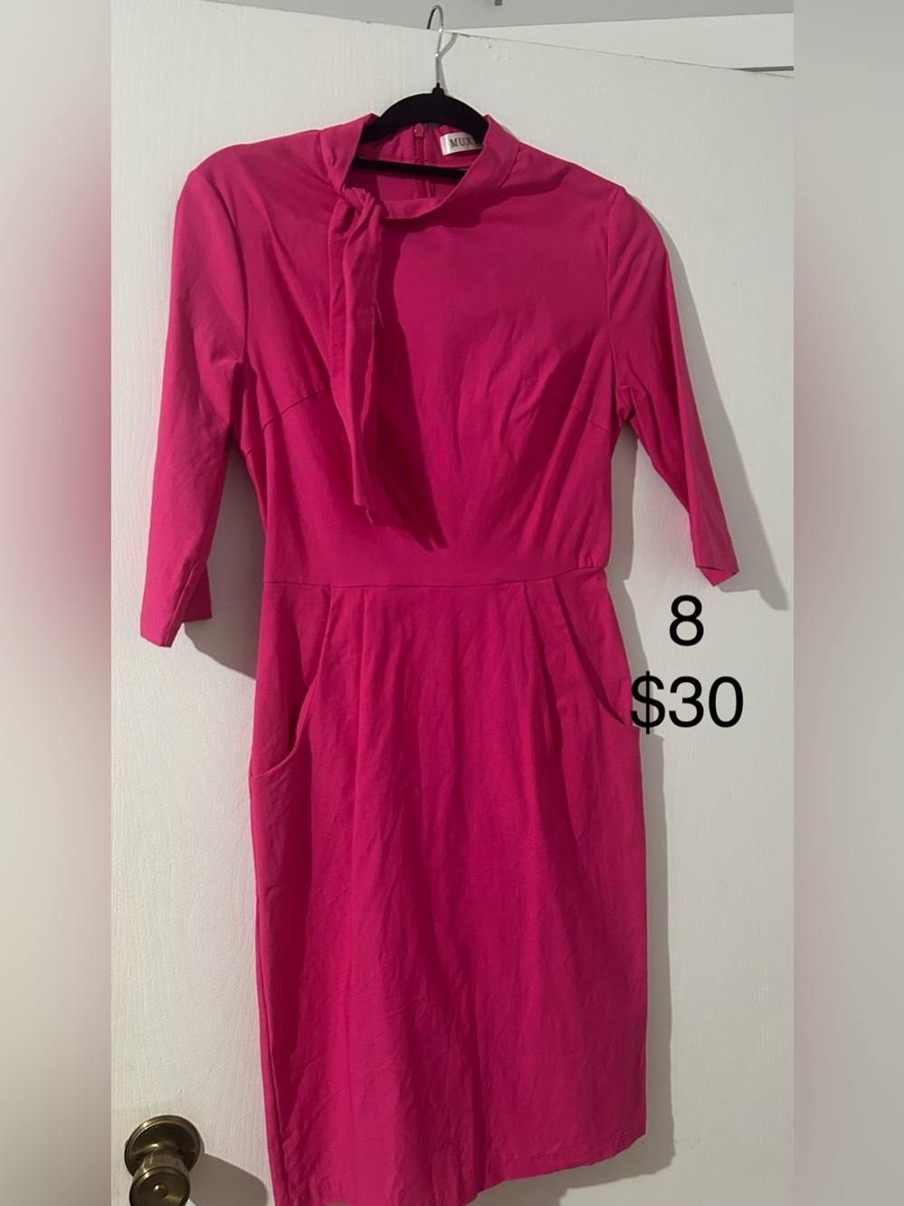 Women's Hot Pink Tie-Neck Sheath Dress